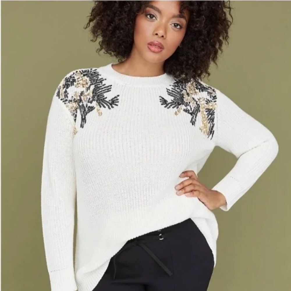 Lane Bryant Cream White  Sequin Plus  Christmas Holiday Crew Neck Sweater 18/20
